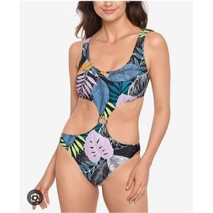 Salt + Cove Womens Tropical Leaf Cutout Monokini Swimsuit Black Orange Size M